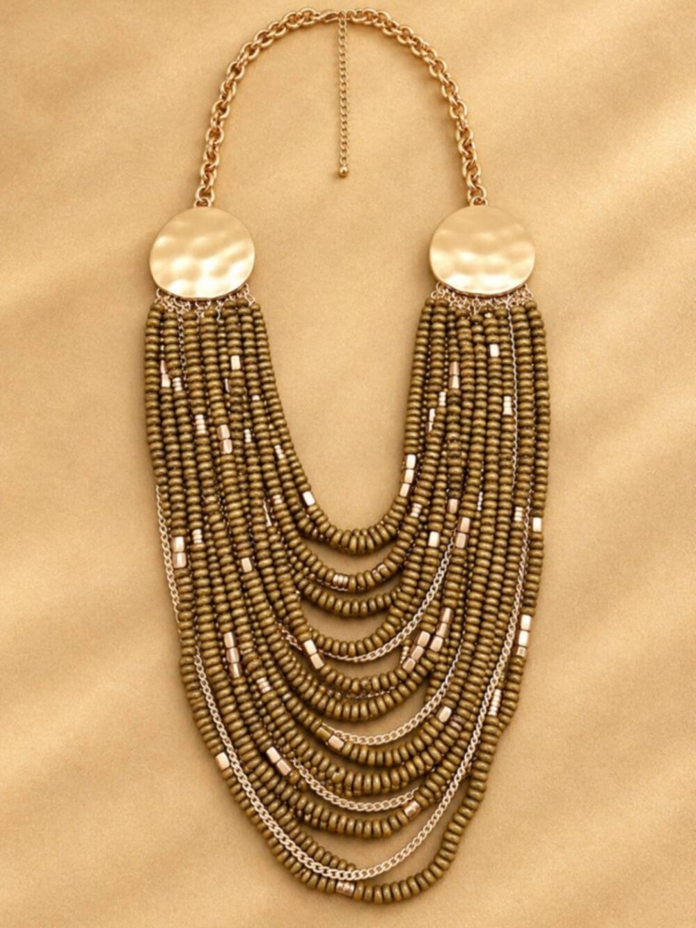 Multi-Strand Olive Beaded Bib Necklace with Gold-Tone Chain Accents